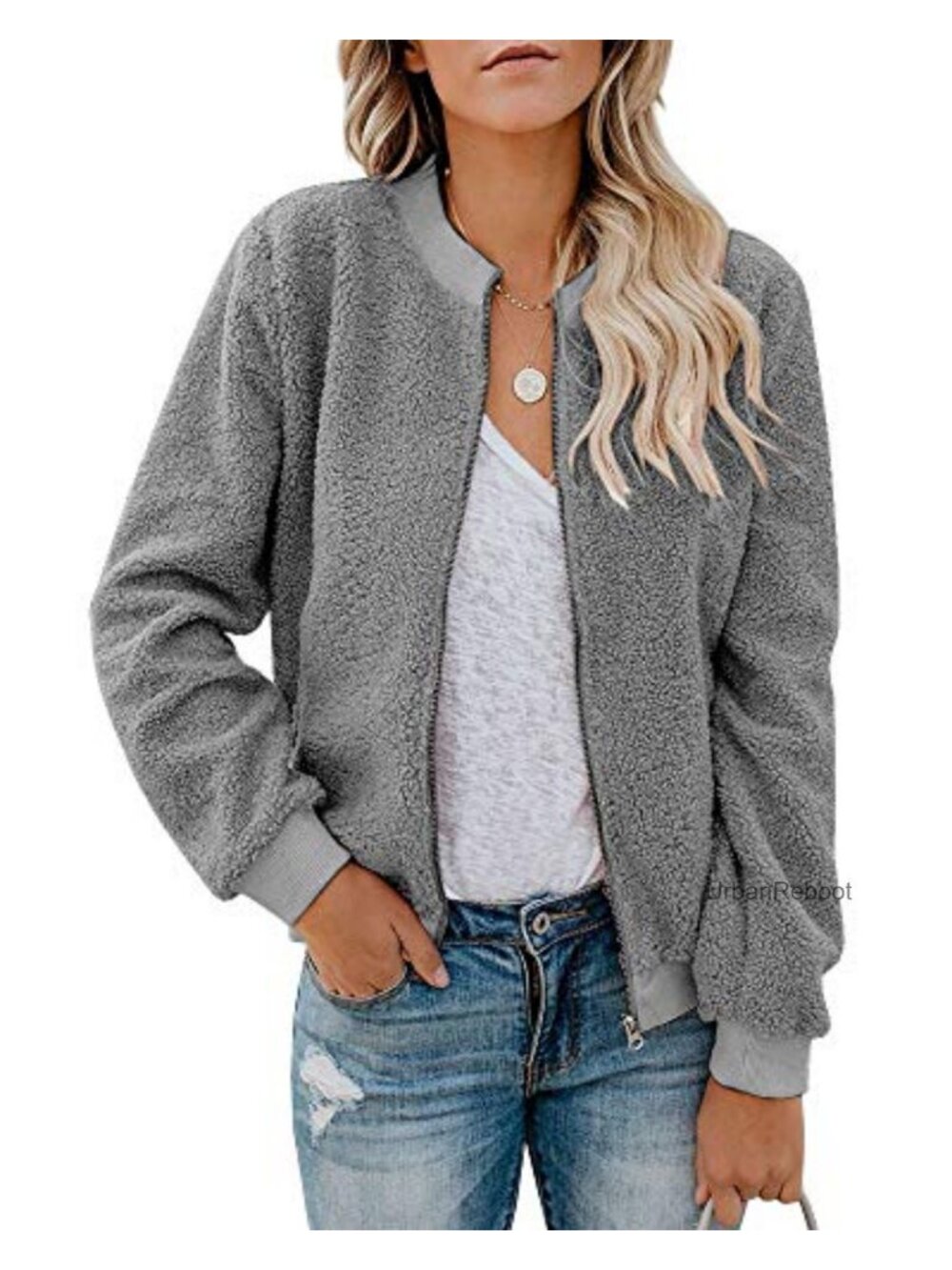 Faux Sherpa Fleece Zip Up Bomber Jacket Long Sleeve Casual Winter Coat with